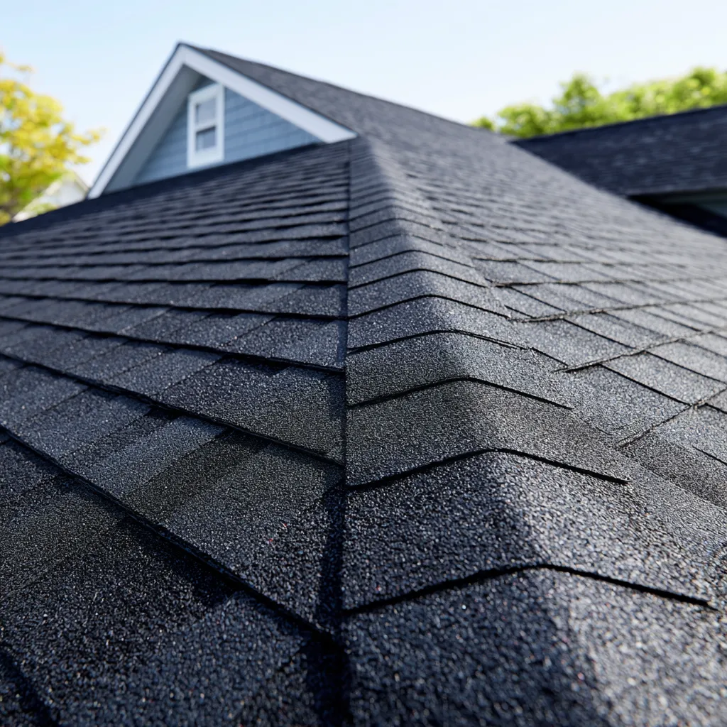 Ridge of a black shingle roof with blue dormer gable behind