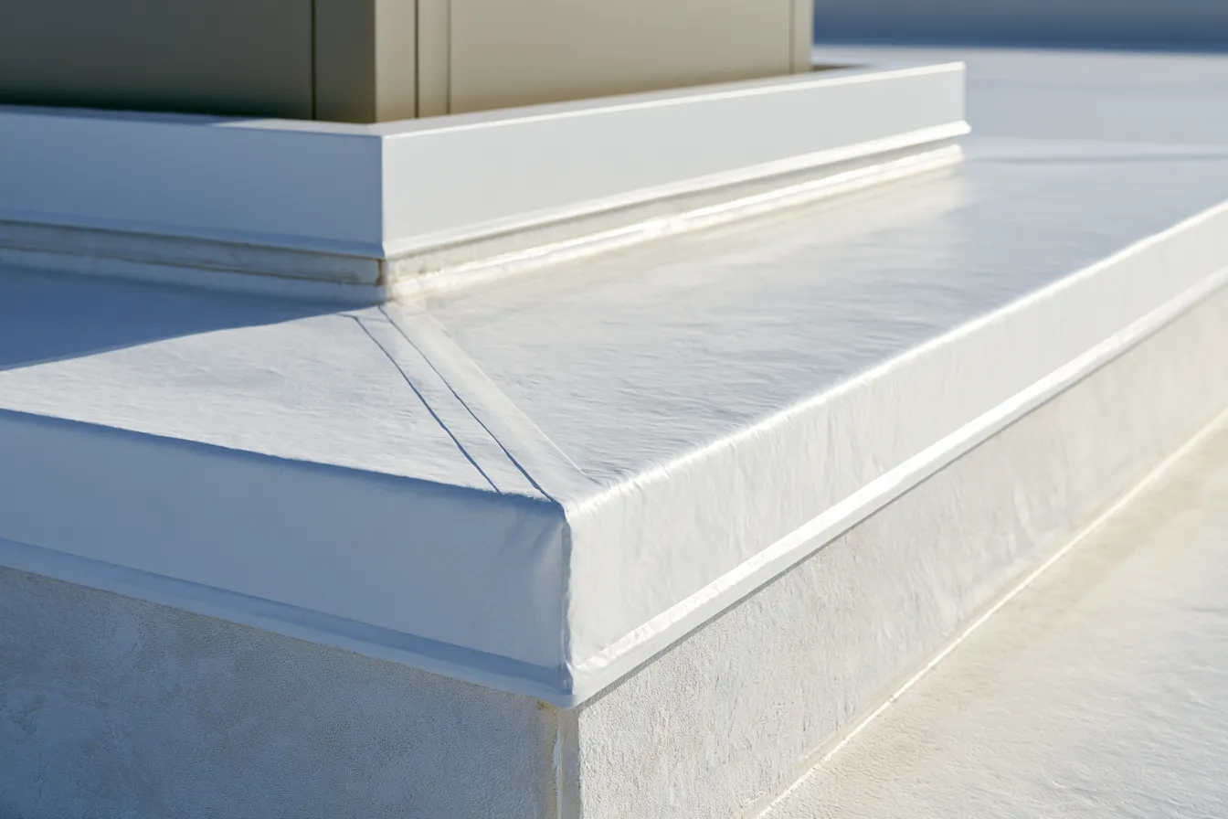 A rooftop equipment curb corner wrapped in membrane shown up close