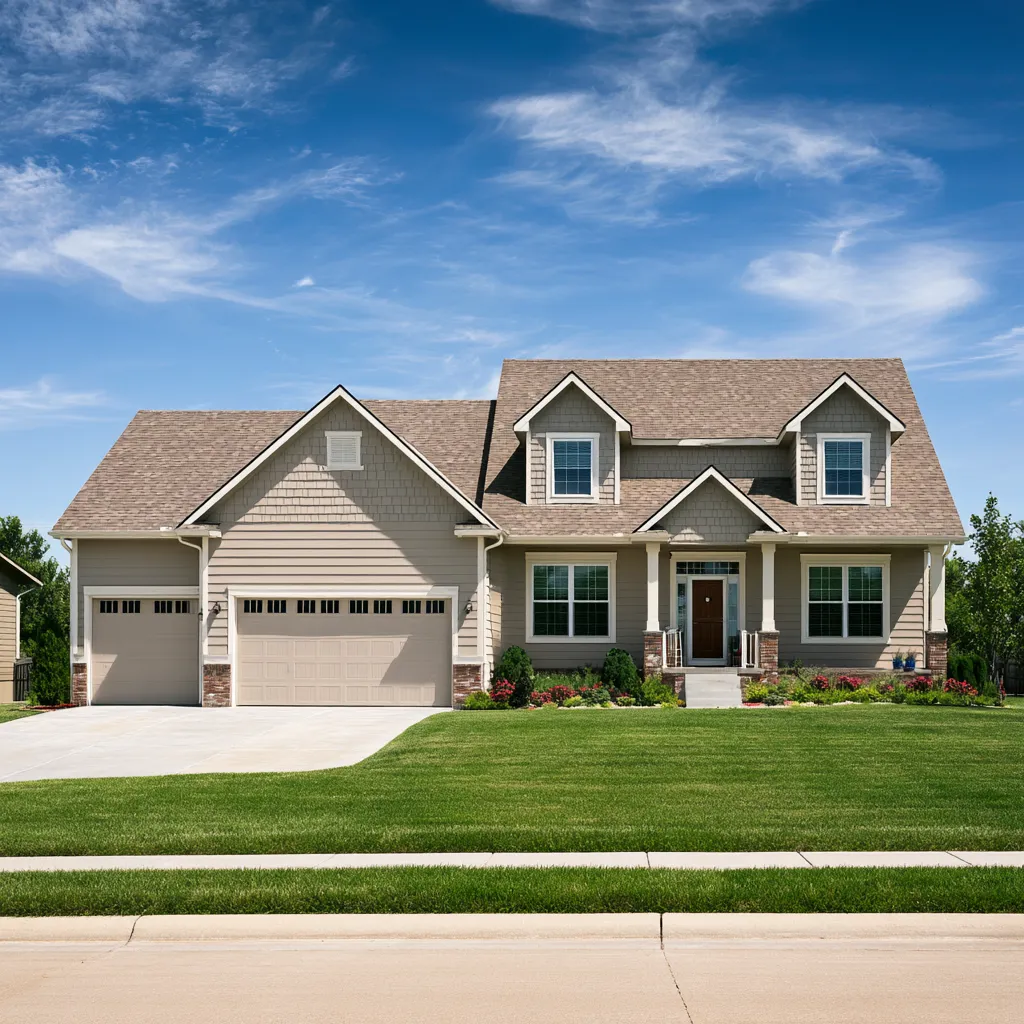 Two-story home with shake gables and a brown architectural shingle roof