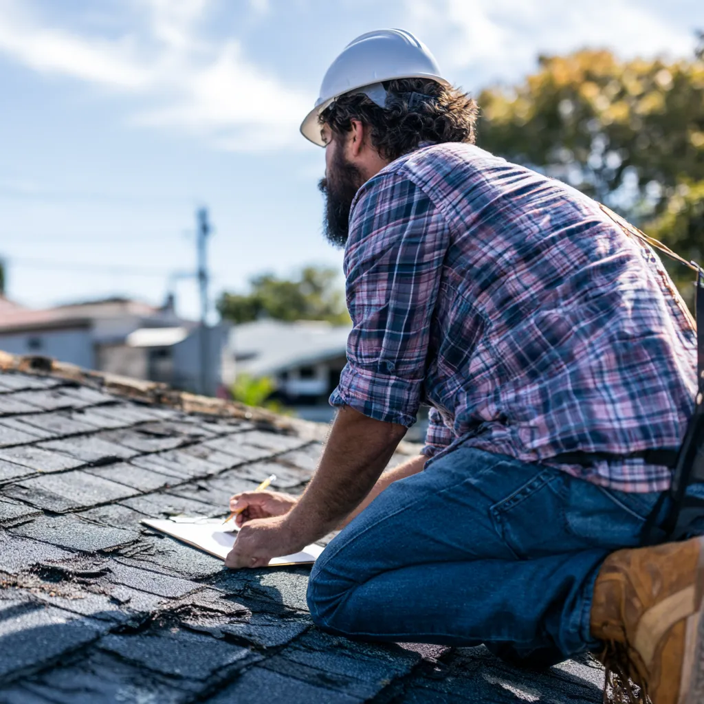 Shingle roof where an inspector kneels writing on a clipboard