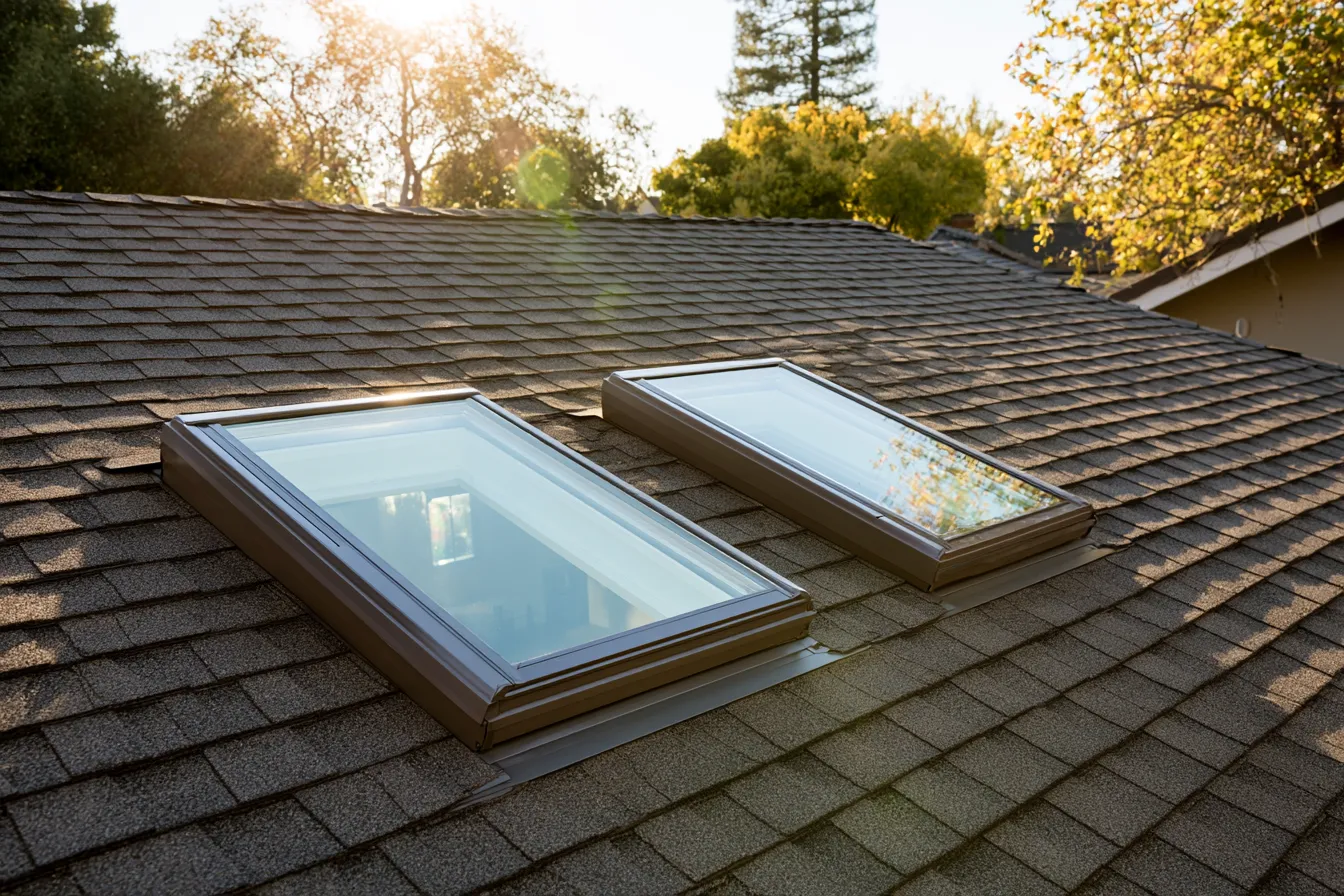 Two skylights installed side by side on a shingle roof near trees
