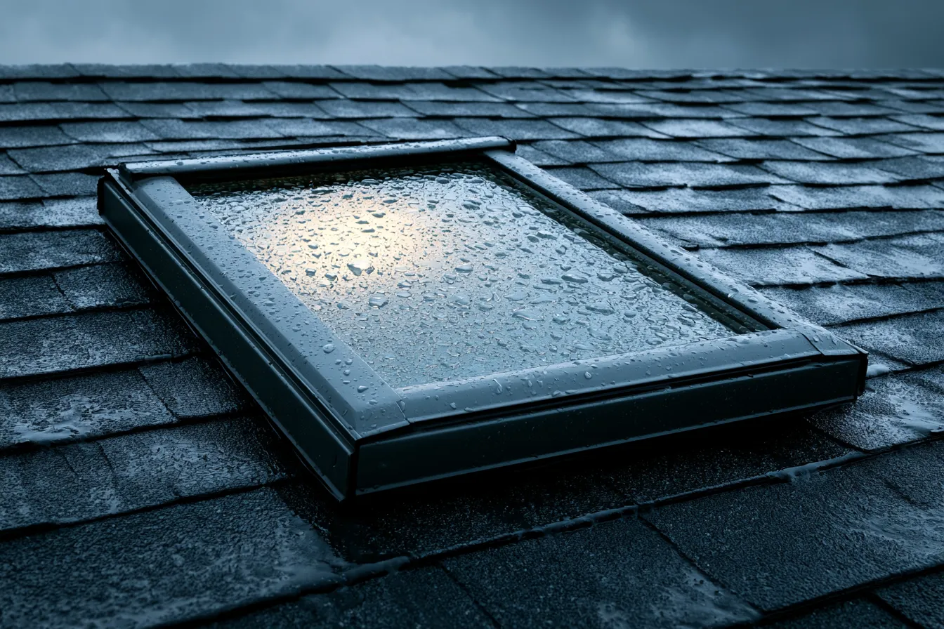 Rain-covered skylight framed in dark metal on a wet shingle roof