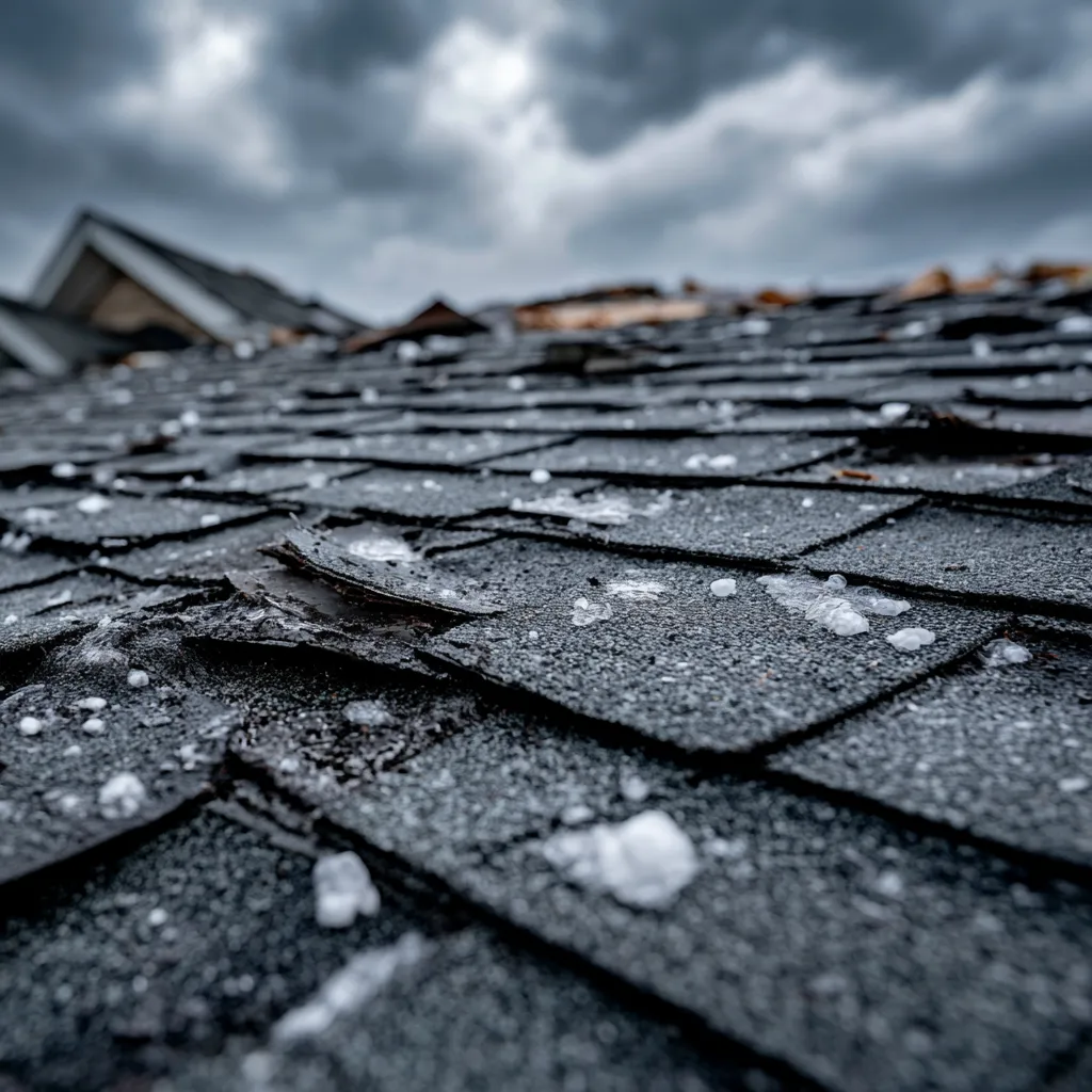 Gray clouds over hail resting on dark shingles with chipped edges